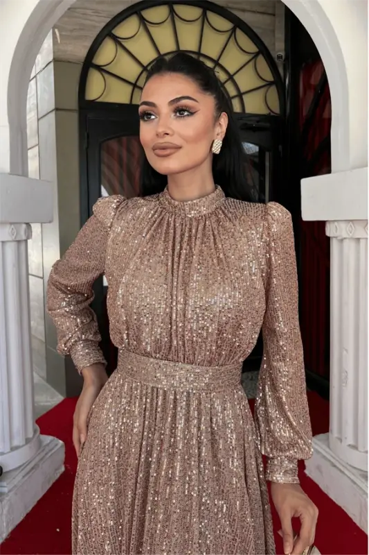 Pul Tül Payet Kumaş Büzgü Detaylı Kiloş Elbise - BRONZ - 4