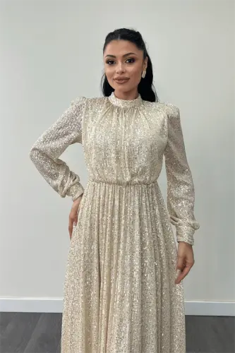 Pul Tül Payet Kumaş Büzgü Detaylı Kiloş Elbise - GOLD - 3