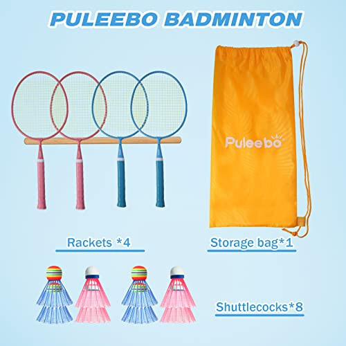 PULEEBO Badminton Racket for Kids - Outdoor Racquet Sports Toys for Children with shuttlecocks, Beach Lawn Yard Badminton Set Game for Kids and Adults,Backyard Outside Sport Game - 2