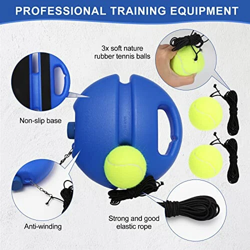 PULEEBO Tennis Trainer Rebound Ball for Self Practice, 3 Balls with String, Anti-Tangle Hook, Vibration Dampeners, Overgrip, Color Box - PULEEBO (1)