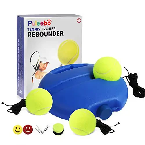 PULEEBO Tennis Trainer Rebound Ball, O'zingizni mashq qilish uchun, 3 ta to'p iplar bilan, chambaralarga qarshi ilgak, tebranishni bostiruvchilar, o'rash, rangli quti - 1