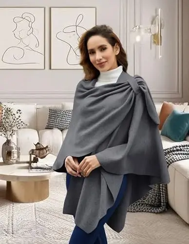 PULI Ayollar Katta Oldi Qismli Poncho Sviter O'rami Topper To'qilgan Elegant Shollar Kuz Qish uchun Kepka - 2