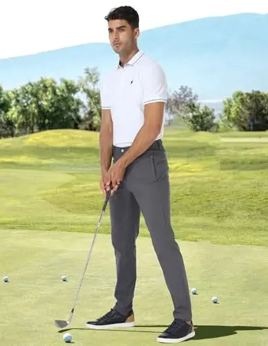 PULI Erkek Golf Pantolonu Esnek Klasik Kesim Elbise Günlük İş Yürüyüş Cepli Dar Kesim Su Geçirmez Pantolon - 2