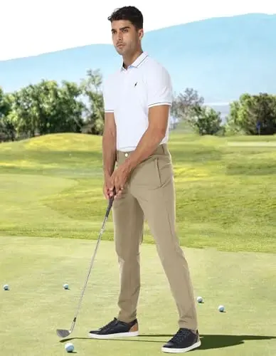 PULI Golf Pants Men Stretch Classic Fit Dress Casual Work Hiking Tapered Waterproof Pants with Pockets - 4