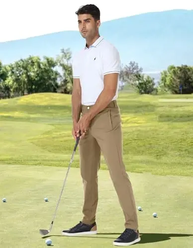 PULI Golf Pants Men Stretch Slim Fit Dress Casual Work Hiking Tapered Waterproof Pants with Pockets - 4