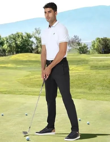 PULI Golf Pants Men Stretch Classic Fit Dress Casual Work Hiking Tapered Waterproof Pants with Pockets - 4
