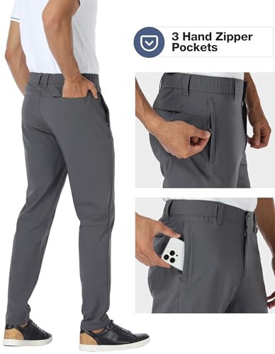 Puli Golf Pants Men Stretch Slim Fit Dress Casual Work Hiking Tapered Waterproof Pants with Pockets - 3