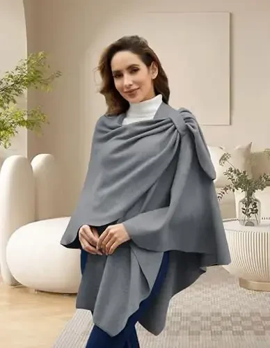 PULI Womens Large Cross Front Poncho Sweater Wrap Topper Knitted Elegant Shawls Cape for Fall Winter - PULI (1)