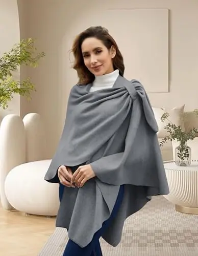 PULI Womens Large Cross Front Poncho Sweater Wrap Topper Knitted Elegant Shawls Cape for Fall Winter - 2