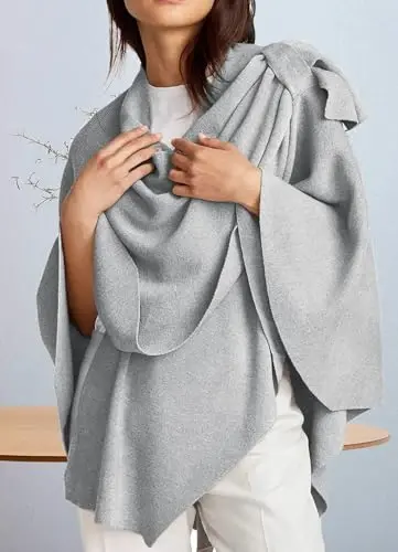 PULI Womens Large Cross Front Poncho Sweater Wrap Topper Knitted Elegant Shawls Cape for Fall Winter - 5