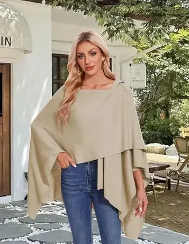 PULI Womens Large Cross Front Poncho Sweater Wrap Topper Knitted Elegant Shawls Cape for Fall Winter - PULI (1)