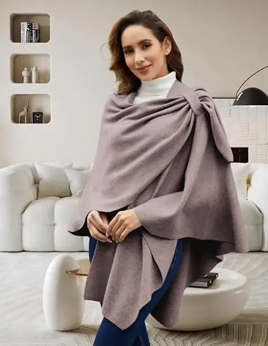 PULI Womens Large Cross Front Poncho Sweater Wrap Topper Knitted Elegant Shawls Cape for Fall Winter - 3
