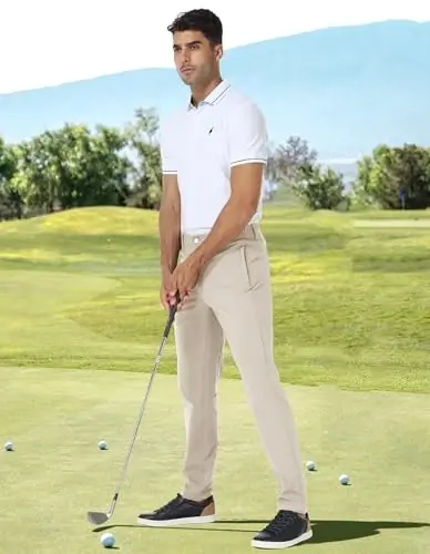 PULI Men's Stretch Classic Fit Golf Pants - Dress, Casual, Work, Hiking, Tapered, Waterproof, with Pockets - 2