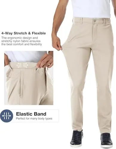 PULI Men's Stretch Classic Fit Golf Pants - Dress, Casual, Work, Hiking, Tapered, Waterproof, with Pockets - 3