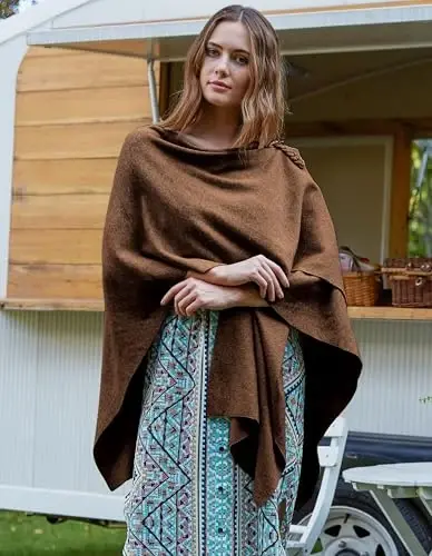 PULI Women Elegant Cross Front Poncho Wrap Button Shawl Cape Wedding | Shoulder Loop Holds Wrap in Place Poncho,Shawl,Cape,Cardigan,Soft Lightweight Knit - 2