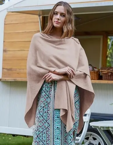 PULI Women Elegant Cross Front Poncho Wrap Button Shawl Cape Wedding | Shoulder Loop Holds Wrap in Place Poncho,Shawl,Cape,Cardigan,Soft Lightweight Knit - PULI (1)