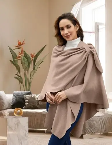 PULI Womens Large Cross Front Poncho Sweater Wrap Topper Knitted Elegant Shawls Cape for Fall Winter - PULI (1)