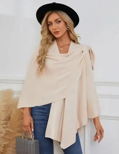 PULI Womens Large Cross Front Poncho Sweater Wrap Topper Knitted Elegant Shawls Cape for Fall Winter - 3