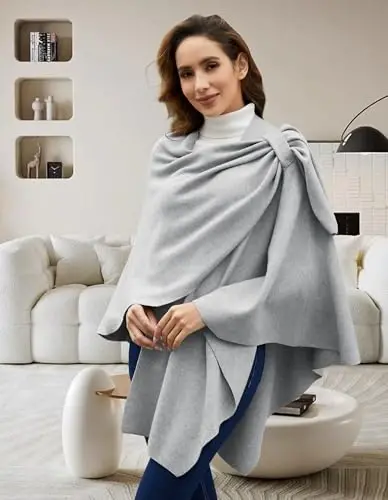 PULI Womens Large Cross Front Poncho Sweater Wrap Topper Knitted Elegant Shawls Cape for Fall Winter - 2