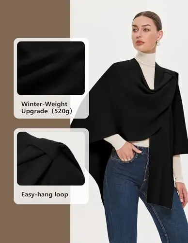 PULI Womens Large Cross Front Poncho Sweater Wrap Topper Knitted Elegant Shawls Cape for Fall Winter - 2