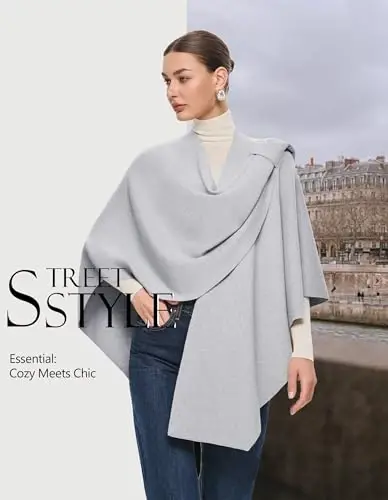 PULI Womens Large Cross Front Poncho Sweater Wrap Topper Knitted Elegant Shawls Cape for Fall Winter - 3