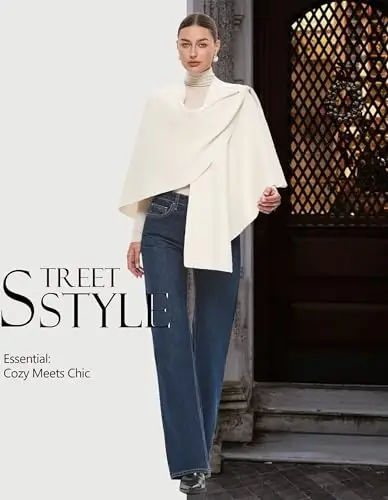 PULI Womens Large Cross Front Poncho Sweater Wrap Topper Knitted Elegant Shawls Cape for Fall Winter - 3