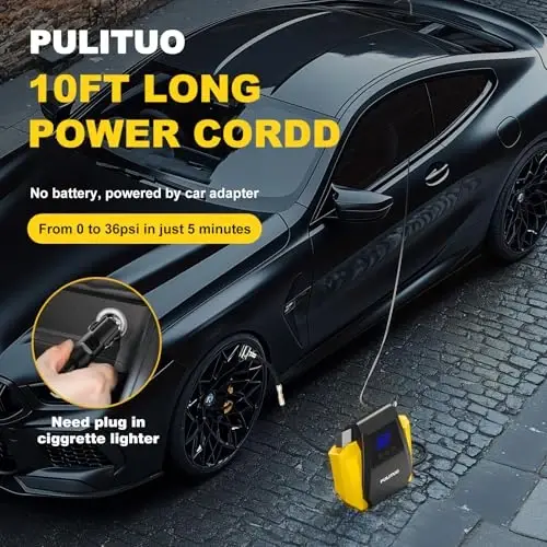 PULITUO Tire Inflator Portable Air Compressor - Car Accessories 12V DC Air Pump for Car Tires with Digital Pressure Gauge, Emergency LED Light for Wheel, Bike, Ball, Motor - 4