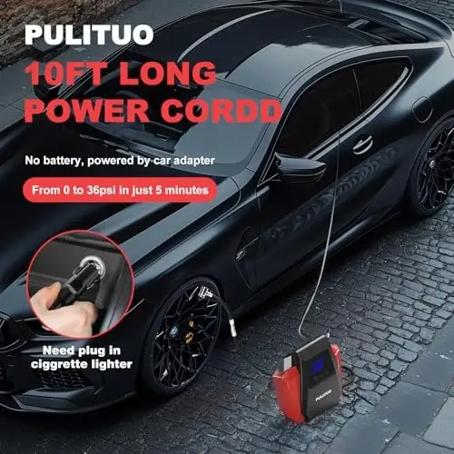 PULITUO Tire Inflator Portable Air Compressor - Car Accessories 12V DC Air Pump for Car Tires with Digital Pressure Gauge, Emergency LED Light for Wheel,Bike, Ball, Motor - 4