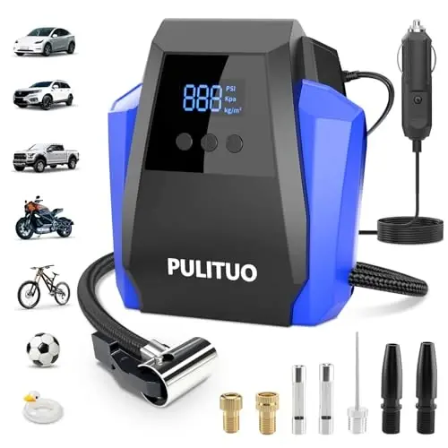PULITUO Tire Inflator Portable Air Compressor - Car Accessories 12V DC Air Pump for Car Tires with Digital Pressure Gauge, Emergency LED Light for Wheel, Bike, Ball, Motor 