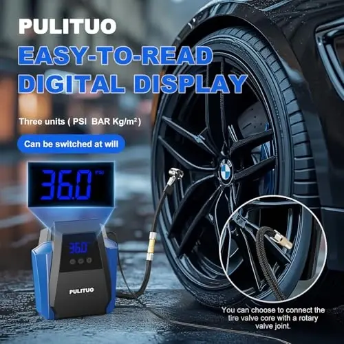 PULITUO Tire Inflator Portable Air Compressor - Car Accessories 12V DC Air Pump for Car Tires with Digital Pressure Gauge, Emergency LED Light for Wheel, Bike, Ball, Motor - 2