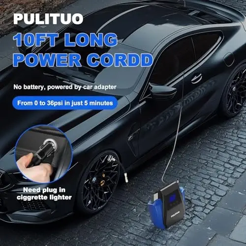 PULITUO Tire Inflator Portable Air Compressor - Car Accessories 12V DC Air Pump for Car Tires with Digital Pressure Gauge, Emergency LED Light for Wheel, Bike, Ball, Motor - 4