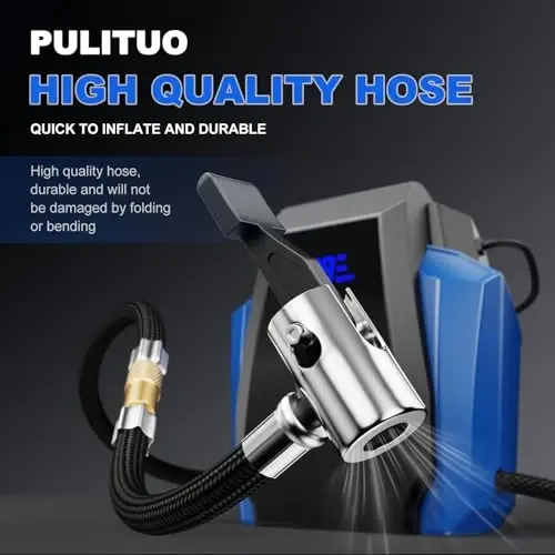 PULITUO Tire Inflator Portable Air Compressor - Car Accessories 12V DC Air Pump for Car Tires with Digital Pressure Gauge, Emergency LED Light for Wheel, Bike, Ball, Motor - 5