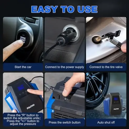 PULITUO Tire Inflator Portable Air Compressor - Car Accessories 12V DC Air Pump for Car Tires with Digital Pressure Gauge, Emergency LED Light for Wheel, Bike, Ball, Motor - 6