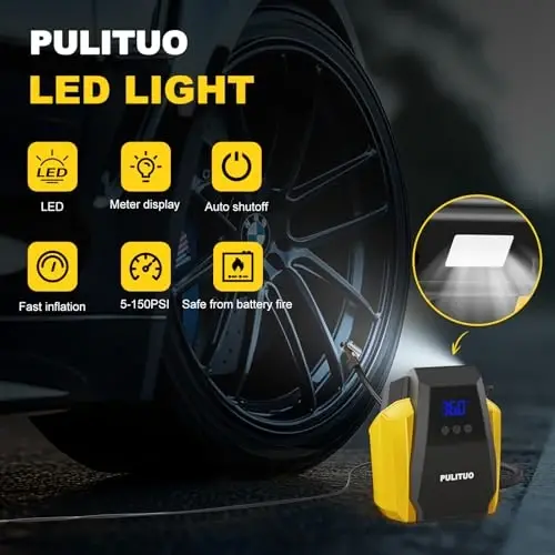 PULITUO Tire Inflator Portable Air Compressor - Car Accessories 12V DC Air Pump for Car Tires with Digital Pressure Gauge, Emergency LED Light for Wheel, Bike, Ball, Motor - 3