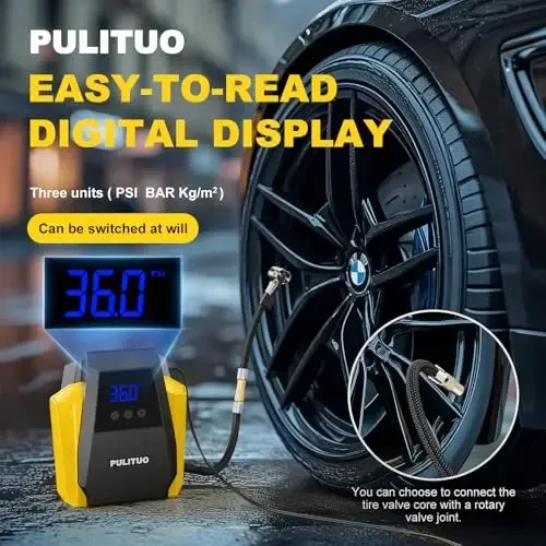 PULITUO Tire Inflator Portable Air Compressor - Car Accessories 12V DC Air Pump for Car Tires with Digital Pressure Gauge, Emergency LED Light for Wheel, Bike, Ball, Motor - 2