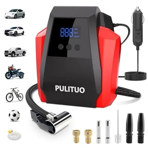 PULITUO Tire Inflator Portable Air Compressor, Tire Air Pump for Car Tires, 12V DC Auto Pump with Digital Pressure Gauge, Emergency LED Light for Bike, Ball,Car (Red) - 1