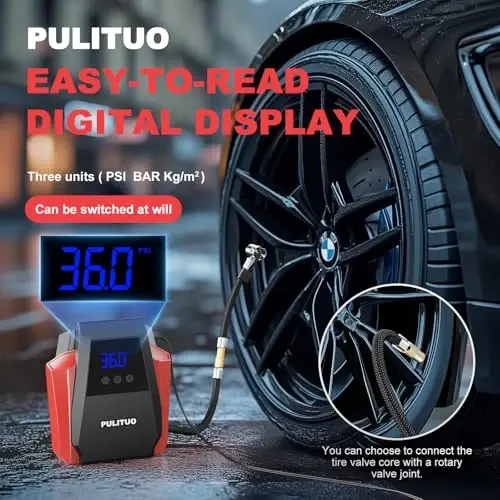 PULITUO Tire Inflator Portable Air Compressor, Tire Air Pump for Car Tires, 12V DC Auto Pump with Digital Pressure Gauge, Emergency LED Light for Bike, Ball,Car (Red) - 2