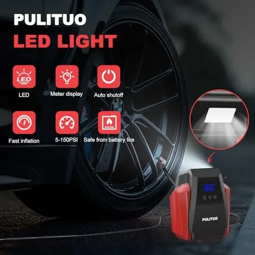 PULITUO Tire Inflator Portable Air Compressor, Tire Air Pump for Car Tires, 12V DC Auto Pump with Digital Pressure Gauge, Emergency LED Light for Bike, Ball,Car (Red) - 3