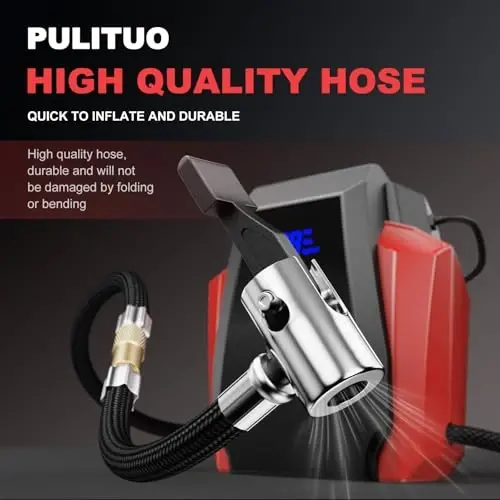 PULITUO Tire Inflator Portable Air Compressor, Tire Air Pump for Car Tires, 12V DC Auto Pump with Digital Pressure Gauge, Emergency LED Light for Bike, Ball,Car (Red) - 5
