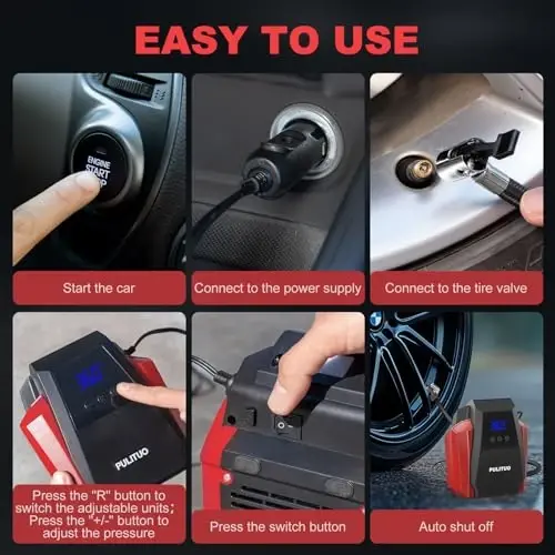 PULITUO Tire Inflator Portable Air Compressor, Tire Air Pump for Car Tires, 12V DC Auto Pump with Digital Pressure Gauge, Emergency LED Light for Bike, Ball,Car (Red) - 6