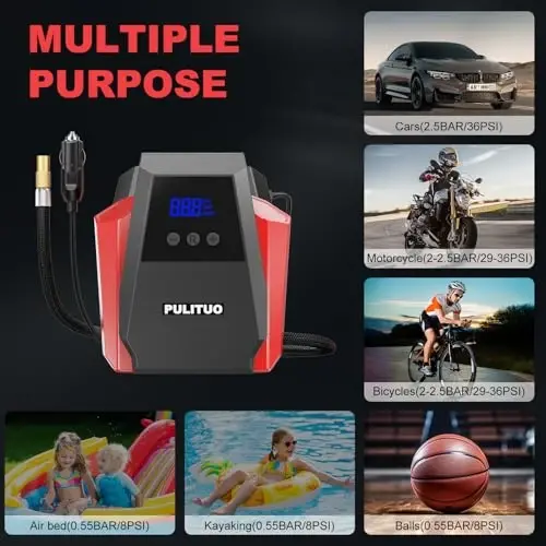 PULITUO Tire Inflator Portable Air Compressor, Tire Air Pump for Car Tires, 12V DC Auto Pump with Digital Pressure Gauge, Emergency LED Light for Bike, Ball,Car (Red) - 7