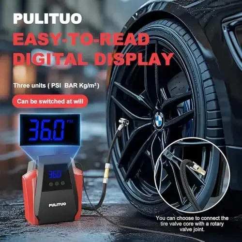PULITUO Tire Inflator Portable Air Compressor, Tire Air Pump for Car Tires, 12V DC Auto Pump with Digital Pressure Gauge, Emergency LED Light for Bike, Ball,Car (Red) - PULITUO (1)