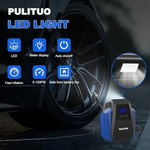PULITUO Tire Inflator Portativ havo kompressori - Avtomobil aksessuarlari 12V DC Havo nasosi avtomobil shinalari uchun raqamli bosim o'lchagich, g'ildirak, velosiped, to'p, motor uchun favqulodda LED yoritgich - 3
