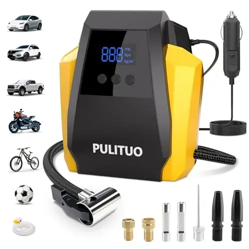PULITUO Tire Inflator Portativ havo kompressori - Avtomobil aksessuarlari 12V DC Havo nasosi Avtomobil shinalari uchun raqamli bosim o'lchagich, G'ildirak, Velosiped, To'p, Motor uchun favqulodda LED yoritgich - PULITUO