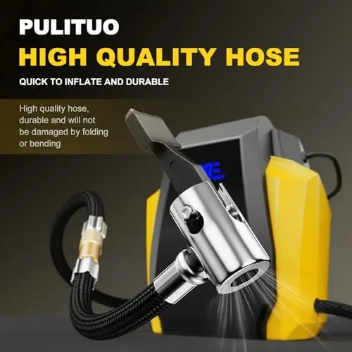 PULITUO Tire Inflator Portativ havo kompressori - Avtomobil aksessuarlari 12V DC Havo nasosi Avtomobil shinalari uchun raqamli bosim o'lchagich, G'ildirak, Velosiped, To'p, Motor uchun favqulodda LED yoritgich - 5