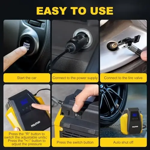 PULITUO Tire Inflator Portativ havo kompressori - Avtomobil aksessuarlari 12V DC Havo nasosi Avtomobil shinalari uchun raqamli bosim o'lchagich, G'ildirak, Velosiped, To'p, Motor uchun favqulodda LED yoritgich - 6