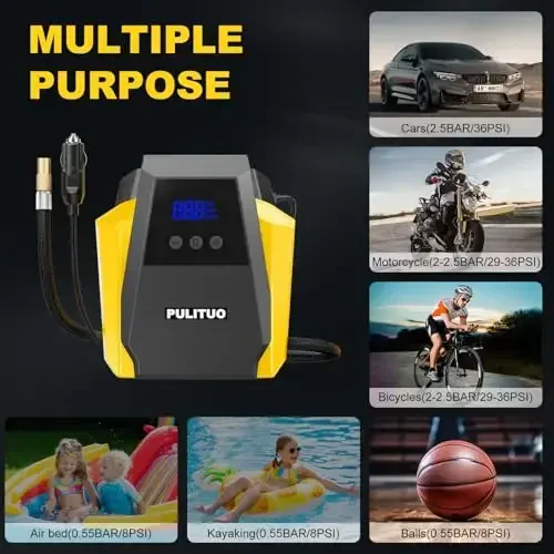 PULITUO Tire Inflator Portativ havo kompressori - Avtomobil aksessuarlari 12V DC Havo nasosi Avtomobil shinalari uchun raqamli bosim o'lchagich, G'ildirak, Velosiped, To'p, Motor uchun favqulodda LED yoritgich - 7