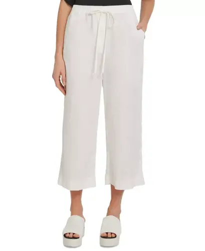 Pull-On Wide-Leg 100% Linen Pants - White - 1