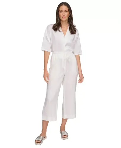 Pull-On Wide-Leg 100% Linen Pants - White - 4
