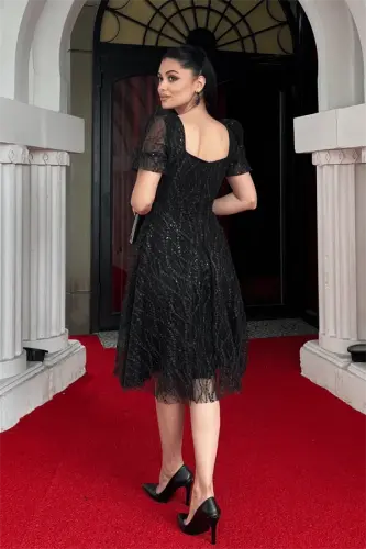 Pulli simli mato kvadrat yoqali mini ko'ylak - QORA - 5